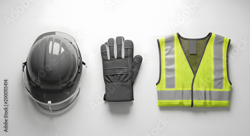 Crucial personal protective equipment a sturdy hard hat, durable work gloves, and a high-visibility vest, symbolizing workplace safety, industrial preparedness, and essential incident prevention