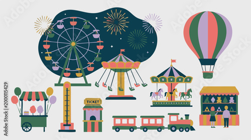 Fotografie Amusement Park Illustration with Various Rides, Stalls, and Hot Air Balloon