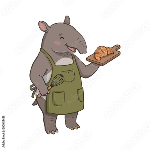 A smiling cartoon armadillo wearing an apron holds a tray of croissants.
