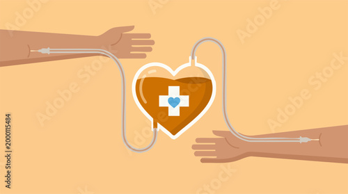 Blood Donation Concept with Heart-Shaped Bag and Connected Arms Illustration