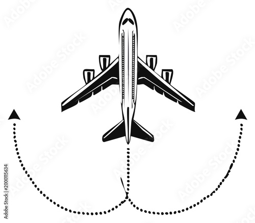 Airplane flyover with dotted arc path graphic - top view