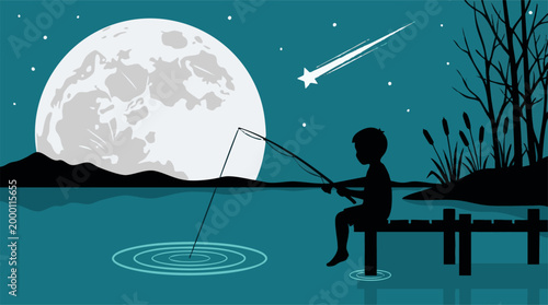 Boy fishing from a pier under a full moon with a shooting star at night