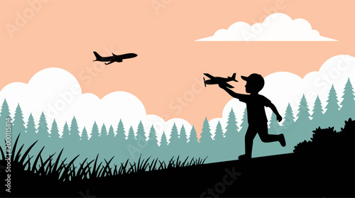 Boy running with toy airplane, real airliner in sky above forest landscape