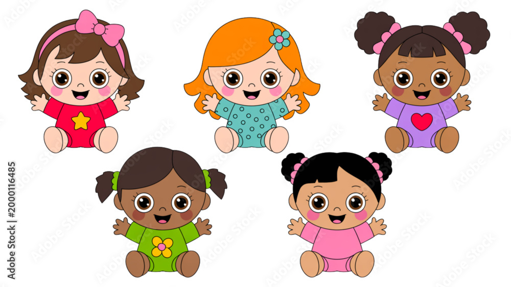 Fototapeta premium Five cheerful cartoon girls smiling