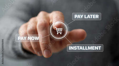 Hand touch virtual dashboard technology network displaying payment options pay now pay later installment online shopping interface modern