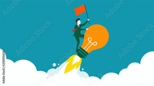 Businessman riding a light bulb rocket towards success, holding a red flag
