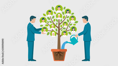Businessmen nurturing a tree of people, symbolizing growth and development