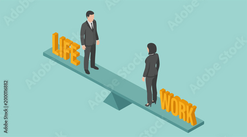 Isometric illustration of business people balancing life and work concept