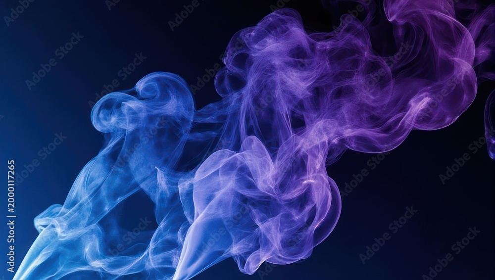 Fototapeta premium Swirling, ethereal wisps of smoke, transitioning from blue to violet against a dark backdrop