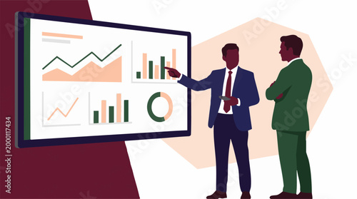 Businessmen analyzing financial data and charts on a screen during presentation