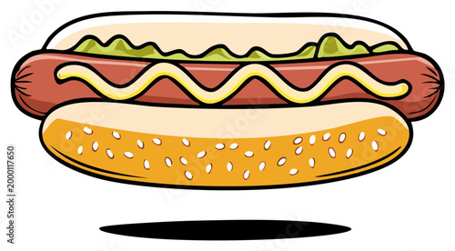 Juicy Hot Dog with Mustard and Relish in a Sesame Seed Bun