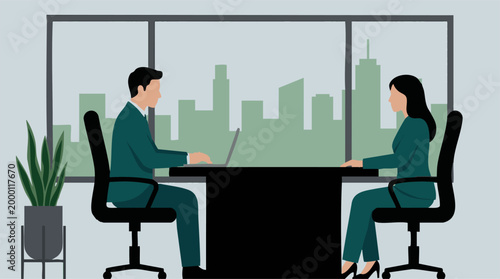 Business meeting illustration in a modern office with cityscape view