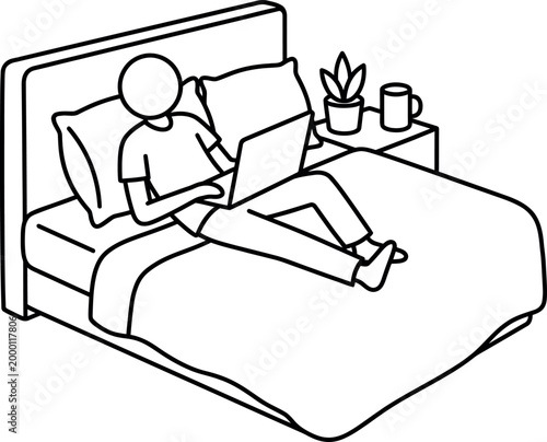 Person sitting on bed with laptop and coffee cup on nightstand at home