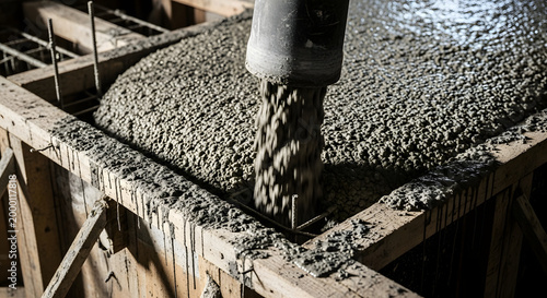 Continuous flow of fresh concrete from a pumping nozzle fills sturdy wooden formwork, embedding steel rebar to construct a durable foundation on a busy building site