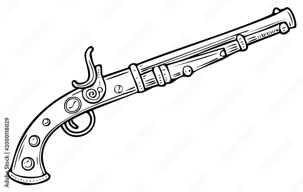 Obraz premium Detailed antique flintlock pistol illustration, weapon design, isolated object.