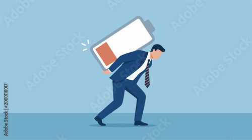 Businessman carrying low battery, symbolizing exhaustion and burnout