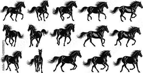 Galloping Stallion Horse Silhouette Set Featuring Various Running and Standing Poses for Equestrian Sports Branding and Western Style Graphic Designs