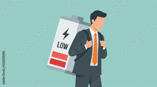 Businessman carrying low battery symbolizing fatigue and professional burnout