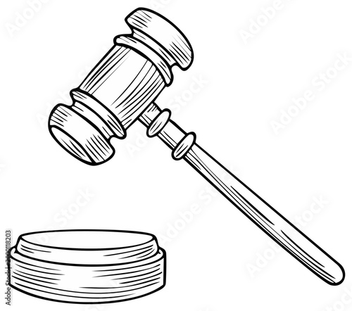 Drawing of a judge's gavel and striking block, symbolizing legal authority and court decision