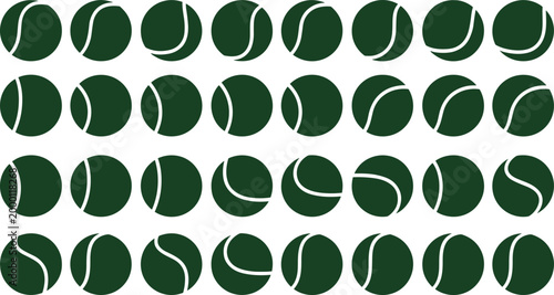 Green Tennis Ball Vector Icon Set Featuring Various Rotation Angles and Poses for Sports Competition and Athletic Graphic Design