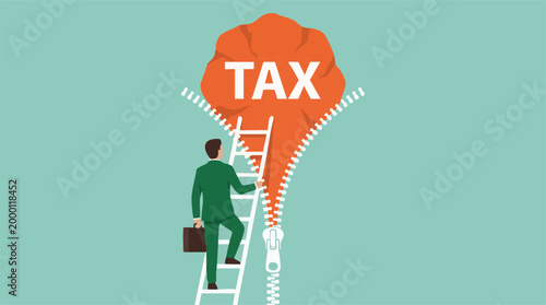 Businessman climbing ladder to reveal 'TAX' in giant zipper opening