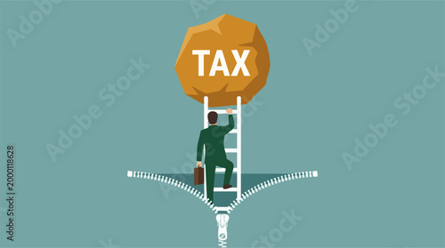 Businessman climbing ladder to 'TAX' rock, illustrating financial challenge