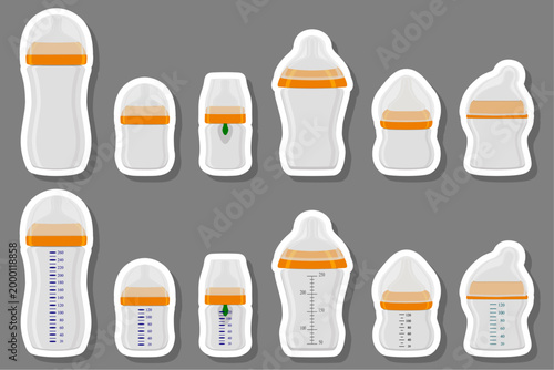 big colored set of baby milk in bottle with soft rubber pacifier