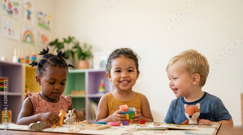 Three diverse young children playing with toys at a table in a classroom