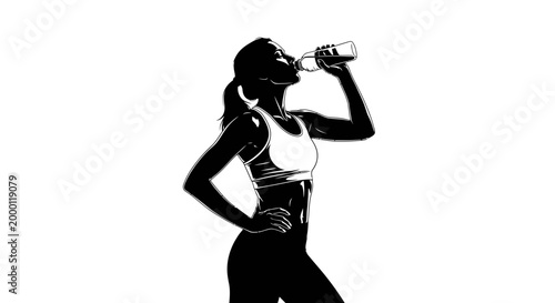 Woman silhouette drinking from water bottle fitness hydration concept isolated white background