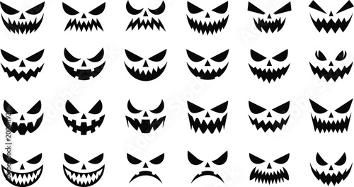 Halloween Pumpkin Carving Face Silhouette Set Featuring Spooky Jack O Lantern Expressions with Evil Grins, Scary Eyes, and Creepy Smiles for Autumn Holiday Party Decorations