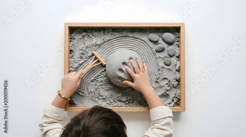 A child interacts with a “living” stress reliever—special kinetic sand in a stylish wooden tray with a minimalist rake. Top view, Zen design aesthetic. AI generated.