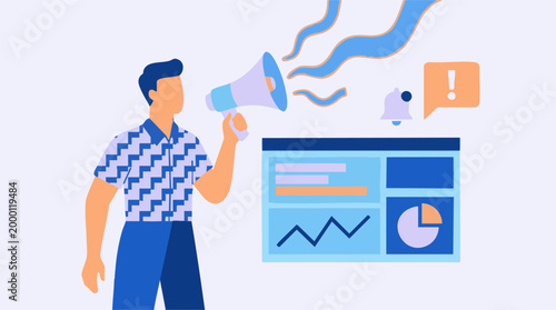 Man with megaphone communicating marketing data and business analytics illustration