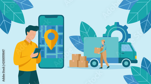Delivery Logistics and Tracking: Man with Smartphone and Courier Truck