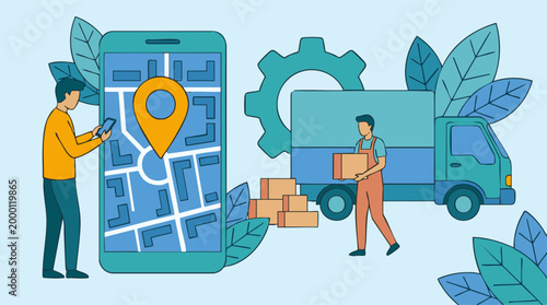 Online delivery service concept with smartphone tracking, logistics, and package delivery