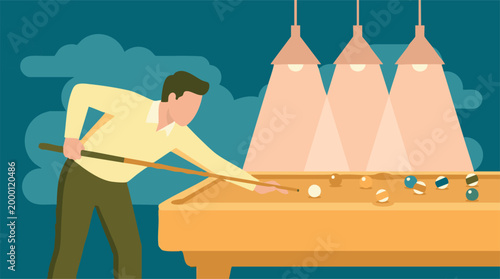 Billiards player aiming with cue stick on a pool table, flat design vector