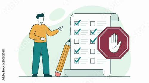 Man reviewing checklist with stop sign, symbolizing rules or incomplete tasks