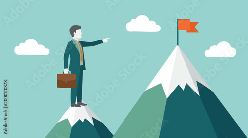 Businessman pointing to a flag on a distant mountain peak, symbolizing goals and ambition