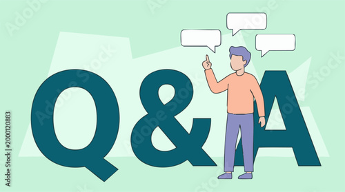Q&A concept with a person pointing and empty speech bubbles