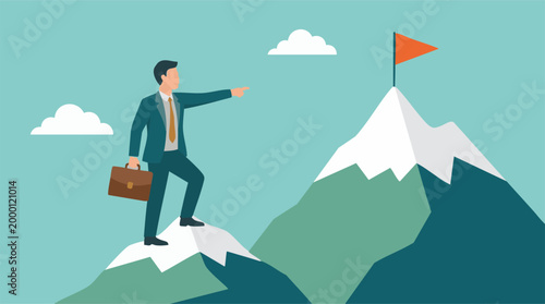 Businessman on mountain pointing to target flag, leadership and success