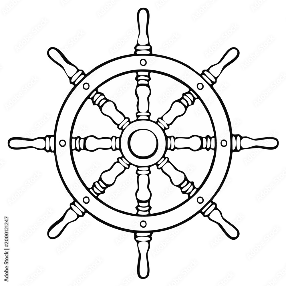 Obraz premium Black and white illustration of ship's wheel