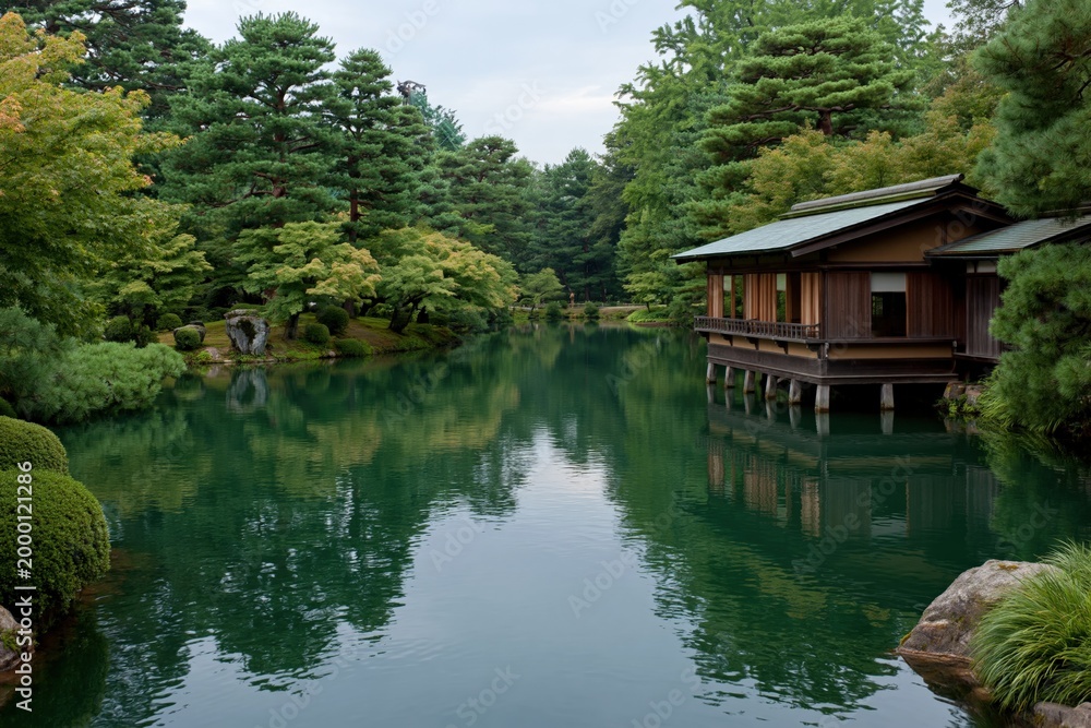 Obraz premium Pavilion over calm pond reflecting surrounding pine tree landscape