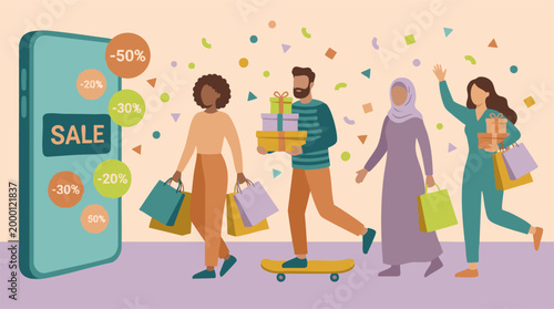 Diverse people online shopping with mobile app during sale event