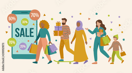 Diverse group of people shopping with bags and gifts during an online sale