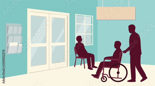 Illustration of patients and caregiver in a medical waiting room