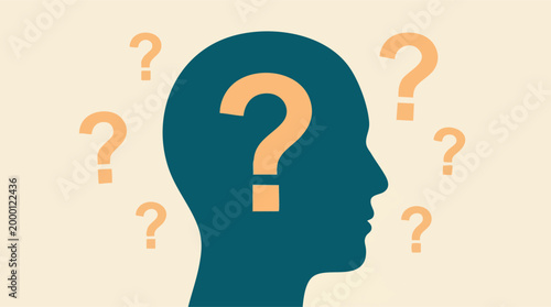 Human head silhouette with multiple question marks, symbolizing thinking and doubt