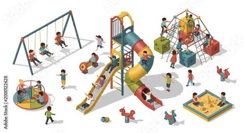 Isometric illustration of many children playing on colorful playground equipment including a slide, swings, and climbing structure, set against a plain background with a cheerful