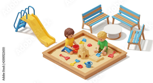 A miniature playset features two toy children playing in a sandbox with molds, accompanied by a yellow slide and benches, presented in a studio shot against a clean white background