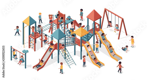 Isometric illustration of children playing on colorful playground equipment, including slides and swings, set against a clean white background and rendered with a bright, cheerful