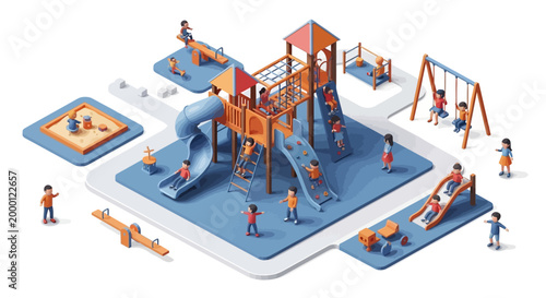 Isometric illustration of children playing on playground equipment, including slides and swings, in a bright, cheerful scene with a clean white background, conveying a sense of community
