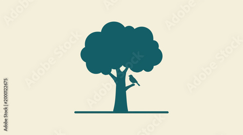 Minimalist teal tree with a perched bird silhouette illustration
